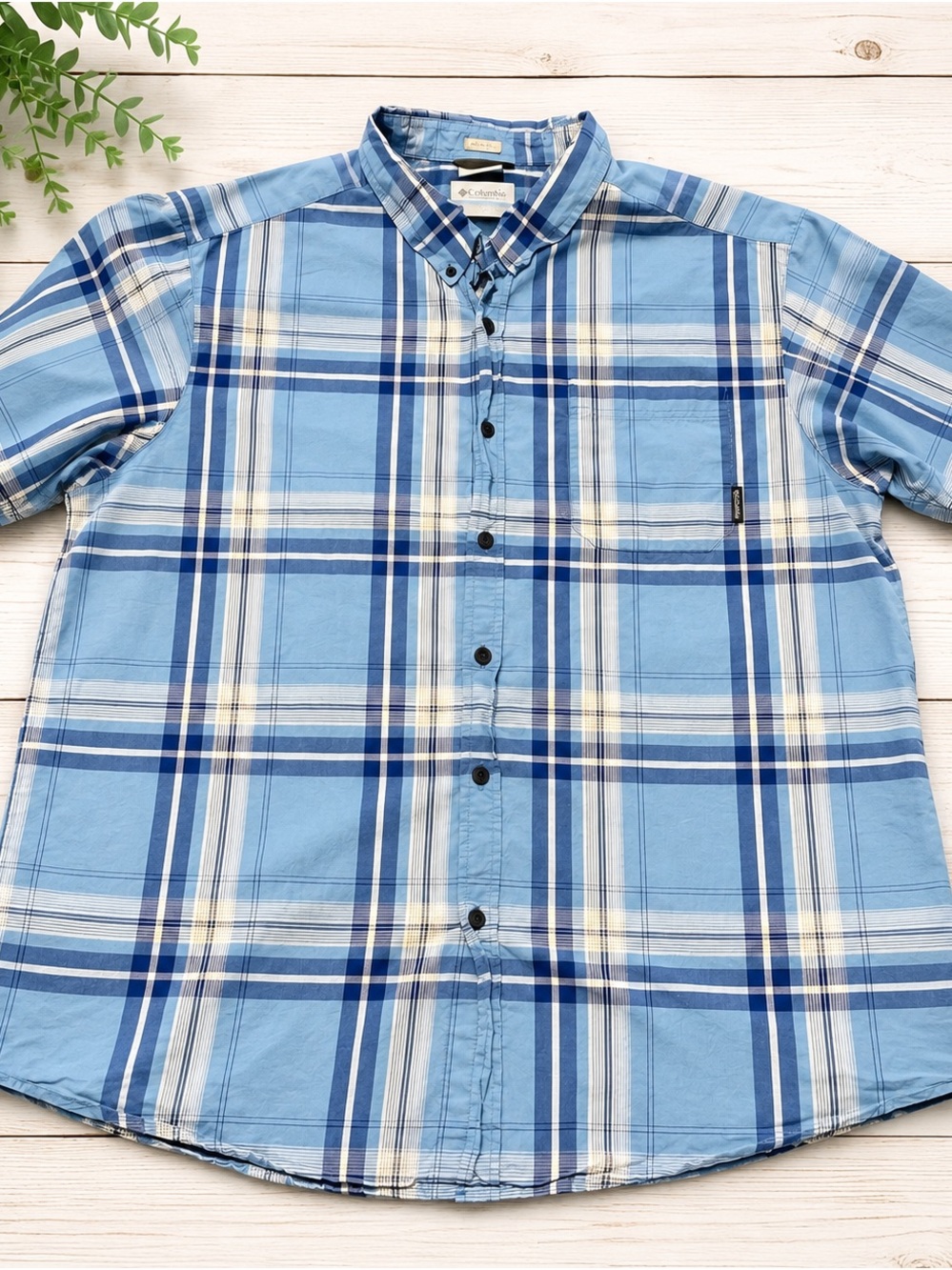 Columbia 2XL Blue Plaid Short Sleeve Cotton Button Up Shirt Regular Fit